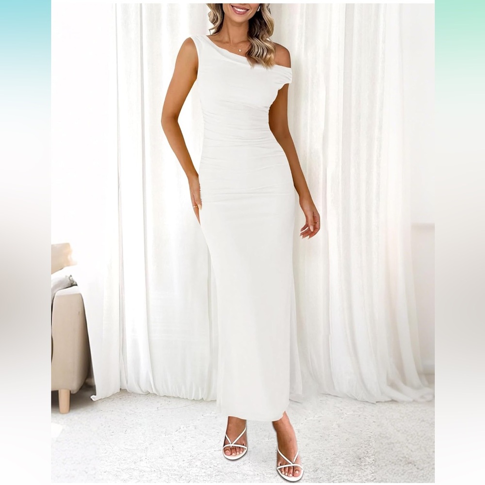White Off-Shoulder Ruched Dress